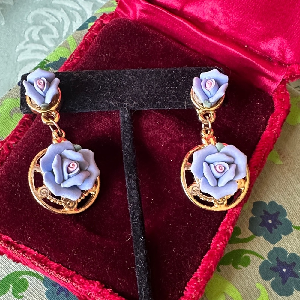 1980’s Gold-Tone Earrings with Lavender/blue porcelain Rose Accents